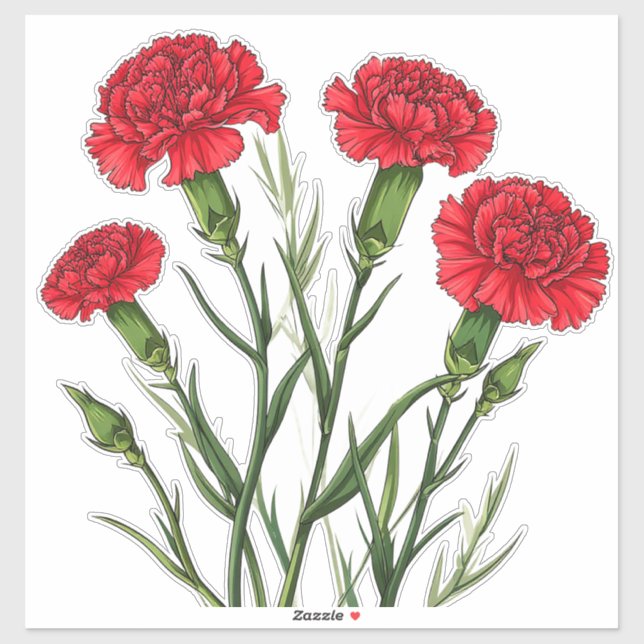 Vibrant Red Carnations With Green Stems Sticker (Sheet)