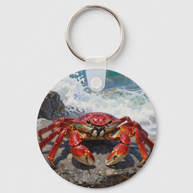 Vibrant Red Crab Ocean Waves Keychain (Front)