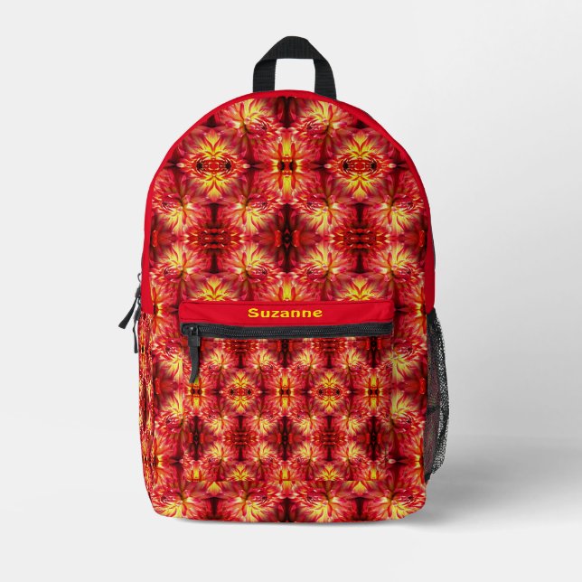 Vibrant Red Dahlia Flower Abstract Personalized Printed Backpack (Front)