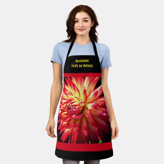 Vibrant Red Dahlia Flower Personalized  Apron (Worn)
