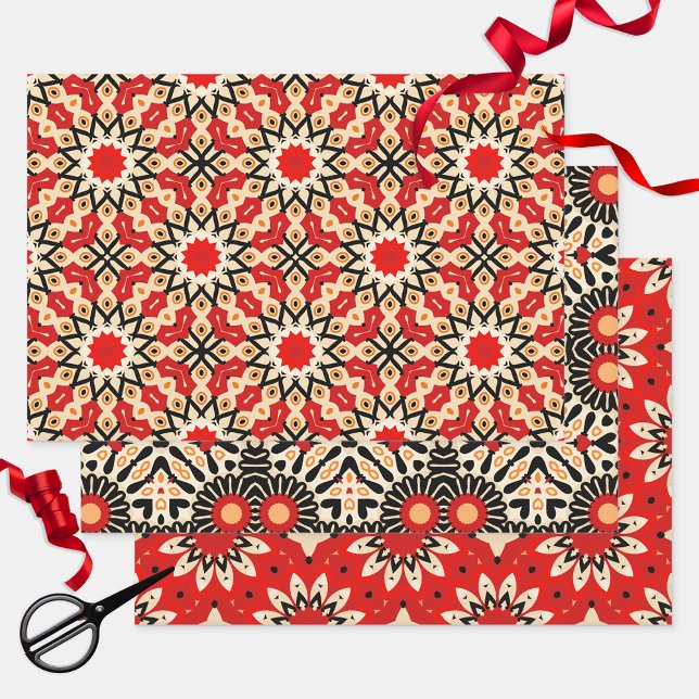 Vibrant Red Ethnic Arabesque Mosaic Geometric Wrapping Paper Sheets (Creator Uploaded)