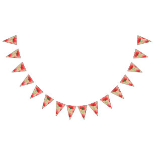 Vibrant red fabric design featuring floral pattern bunting flags
