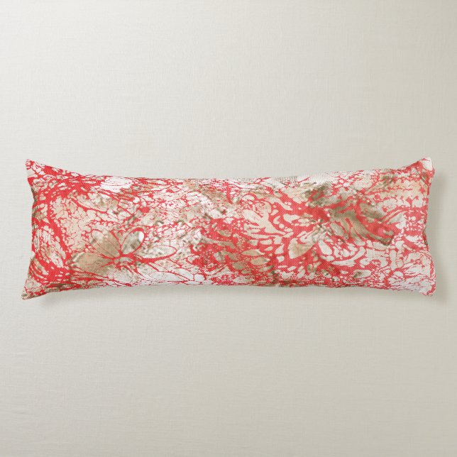 Vibrant red fabric design featuring intricate flor body pillow (Front)