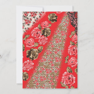 Vibrant red fabric featuring intricate floral and  announcement