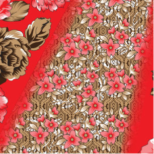 Vibrant red fabric featuring intricate floral and cutout