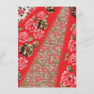 Vibrant red fabric featuring intricate floral and enclosure card