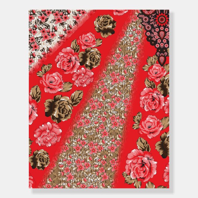 Vibrant red fabric featuring intricate floral and  foam board (Front)