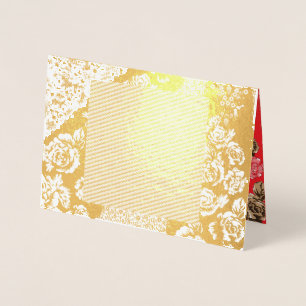 Vibrant red fabric featuring intricate floral and foil card
