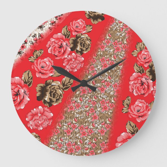 Vibrant red fabric featuring intricate floral and  large clock (Front)