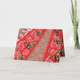 Vibrant red fabric featuring intricate floral and letterpress thank you card