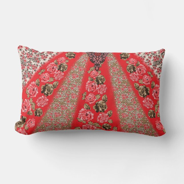 Vibrant red fabric featuring intricate floral and  lumbar pillow (Front)