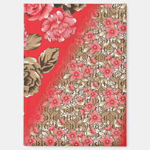 Vibrant red fabric featuring intricate floral and magnet