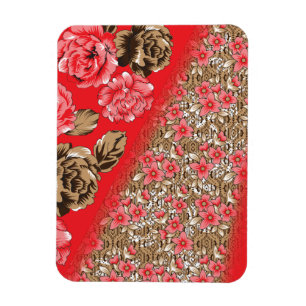 Vibrant red fabric featuring intricate floral and  magnet