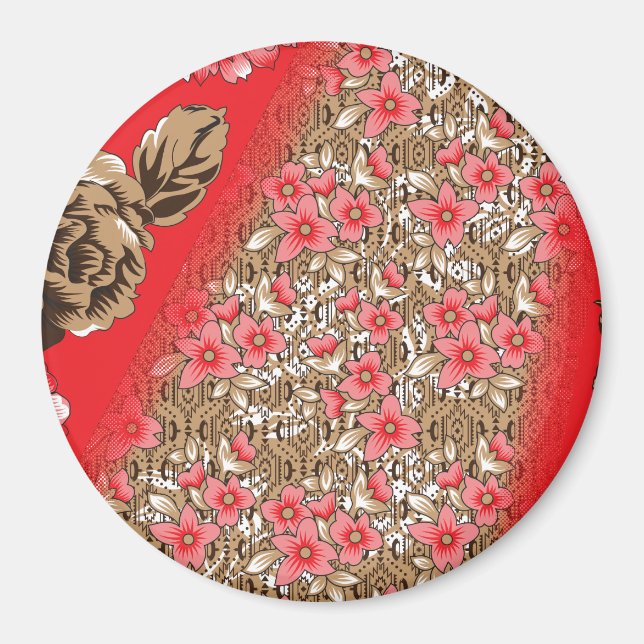 Vibrant red fabric featuring intricate floral and  magnet (Front)