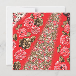 Vibrant red fabric featuring intricate floral and  magnetic invitation