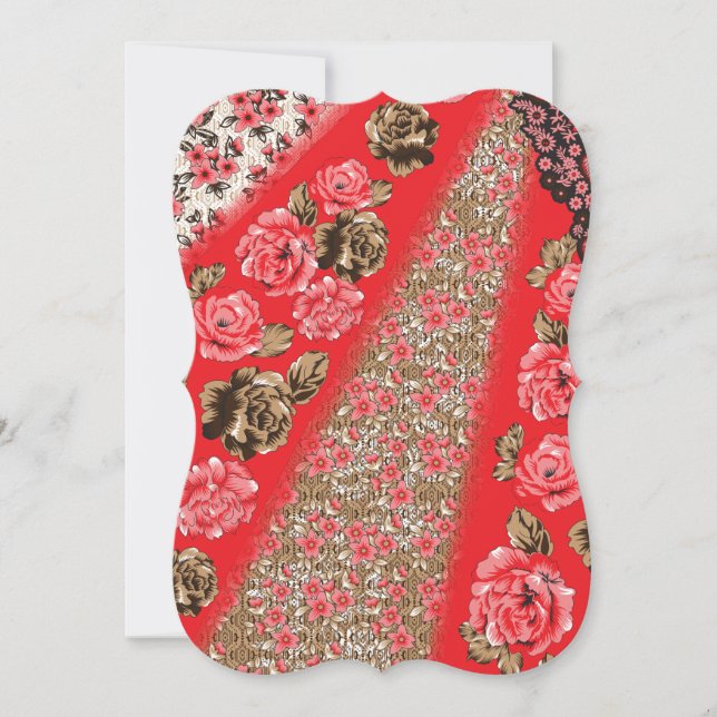 Vibrant red fabric featuring intricate floral and  note card (Front)