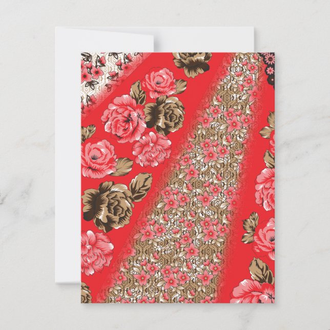 Vibrant red fabric featuring intricate floral and  note card (Front)
