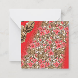 Vibrant red fabric featuring intricate floral and  note card