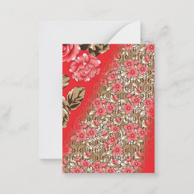 Vibrant red fabric featuring intricate floral and  note card (Front)