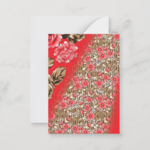 Vibrant red fabric featuring intricate floral and  note card