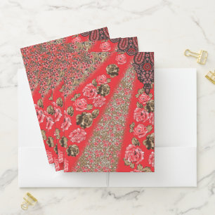 Vibrant red fabric featuring intricate floral and  pocket folder