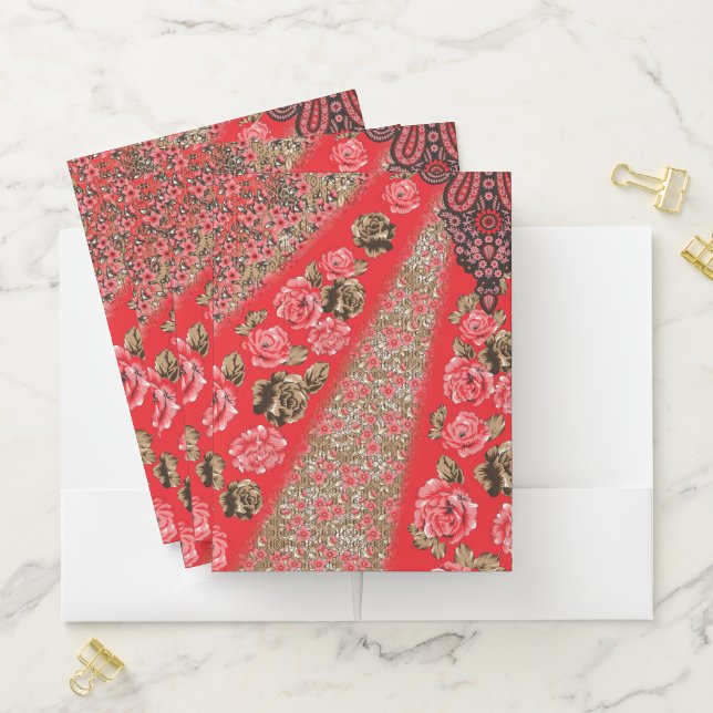 Vibrant red fabric featuring intricate floral and  pocket folder (In Situ)