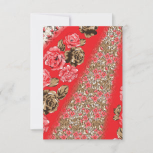 Vibrant red fabric featuring intricate floral and thank you card
