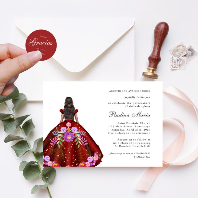 Vibrant Red Fiesta Floral Quinceañera Invitation (Creator Uploaded)