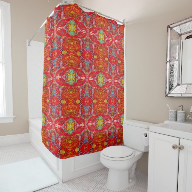 Vibrant red fishing nets M-size pattern Shower Curtain (In Situ)