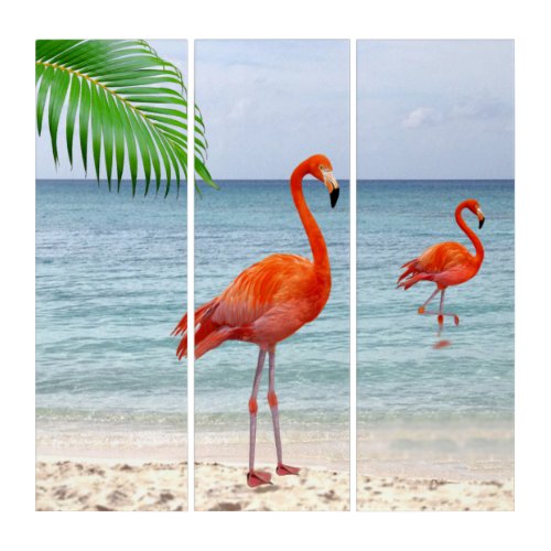 Vibrant Red Flamingos  Palm on the Beach Triptych