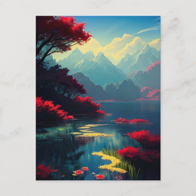 Vibrant Red Flora and Majestic Mountains Postcard (Front)