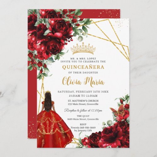 Vibrant Red Floral Flowers Princess Quinceaera Invitation