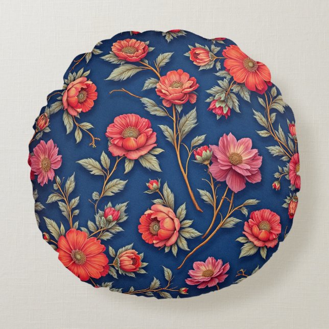 Vibrant Red Floral Pattern Round Pillow (Front)