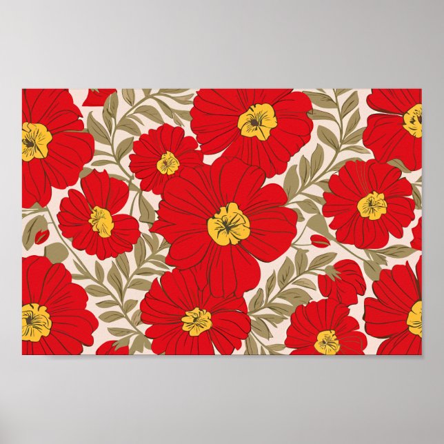 Vibrant Red Floral Pattern with Olive Green Leaves Poster (Front)