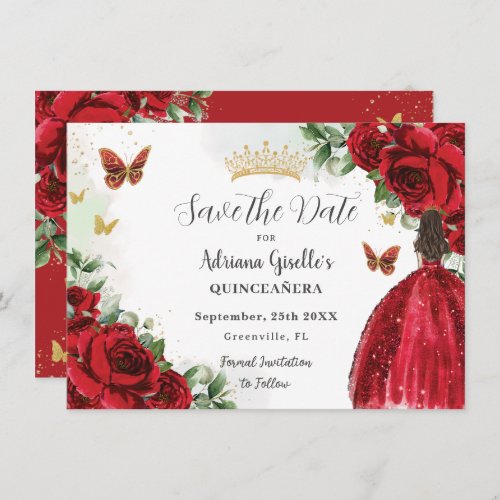 Vibrant Red Floral Princess Dress Gold Quinceaera Save The Date