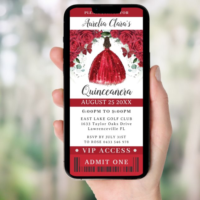 Vibrant Red Floral Quinceañera Sweet 16 VIP Ticket Invitation (Front Digital)