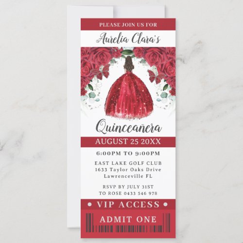 Vibrant Red Floral Quinceaera Sweet 16 VIP Ticket Invitation