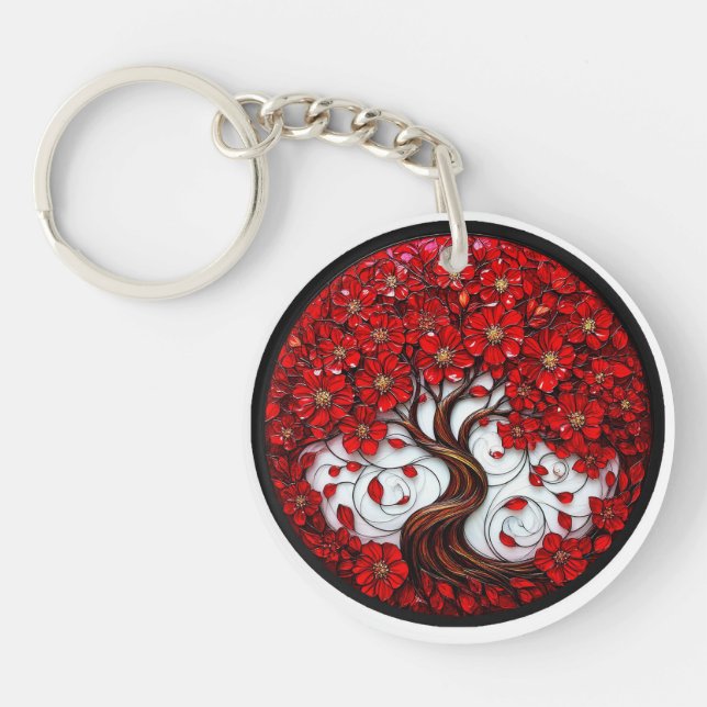 Vibrant Red Flower Tree with Stylish Details Keychain (Front)