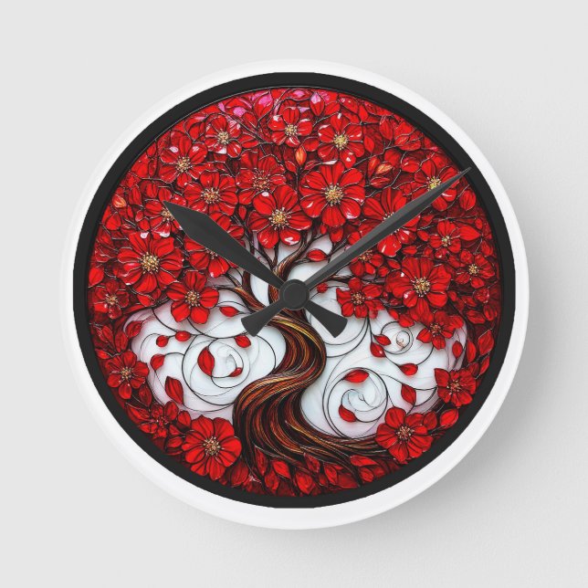 Vibrant Red Flower Tree with Stylish Details Round Clock (Front)