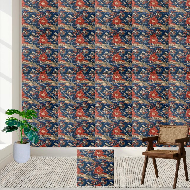 Vibrant Red Flowers and Blue Chinoiserie Landscape Ceramic Tile (Vibrant Red Flowers and Blue Chinoiserie Landscape Ceramic Tile)