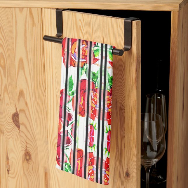 Vibrant red flowers and green leaves on curtains kitchen towel (Creator Uploaded)