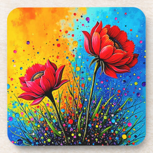 Vibrant Red Flowers Pop Art Print Beverage Coaster