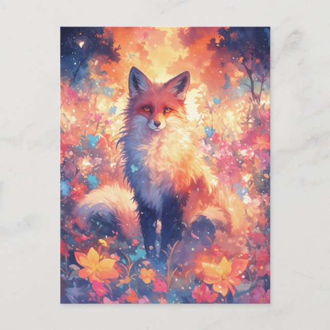 Vibrant Red Fox in Sunset Floral Meadow Postcard (Front)