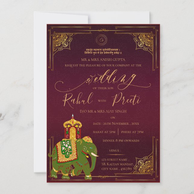Vibrant Red Gold With Lord Ganesh Indian Wedding Invitation (Front)