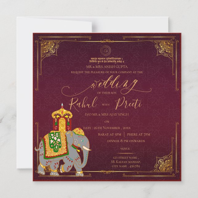 Vibrant Red Gold With Lord Ganesh Indian Wedding Magnetic Invitation (Front)