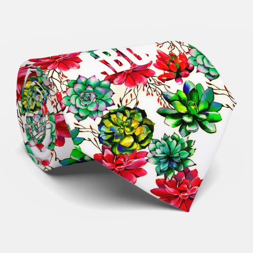 Vibrant Red  Green Succulent Cactus Pattern Neck Tie
