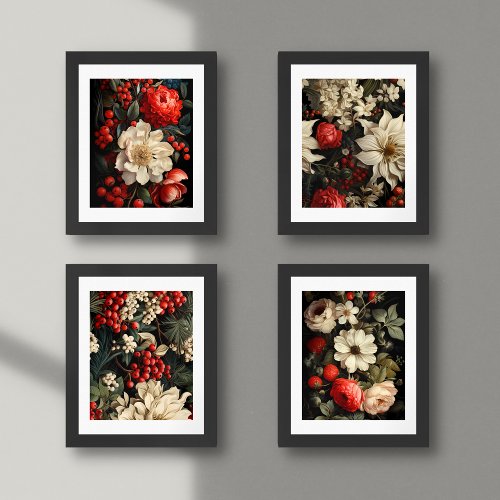 Vibrant Red Green  White Botanical Vintage Style Wall Art Sets