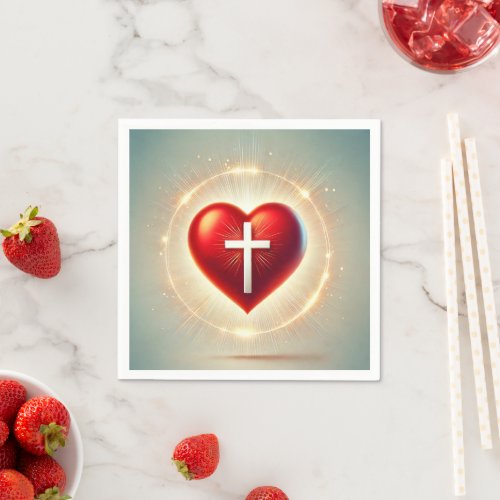 Vibrant Red Heart Christian Cross Decoupage Napkins