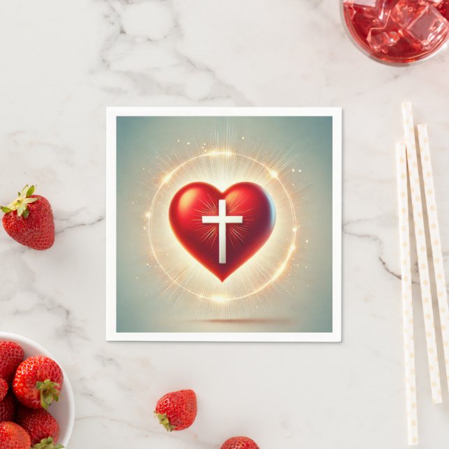 Vibrant Red Heart Christian Cross Decoupage Napkins (Insitu)