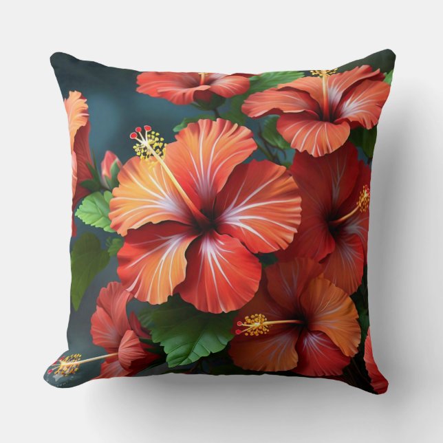 Vibrant Red Hibiscus Flowers-76894 Throw Pillow (Front)